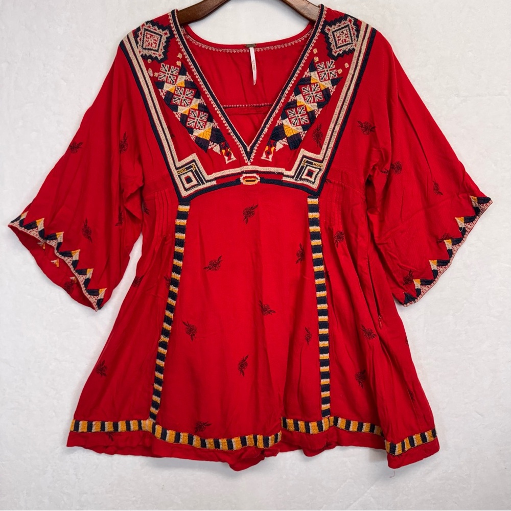 Free People XS  Red Embroidered V Neck Bell Sleeve Tunic Top mini dress